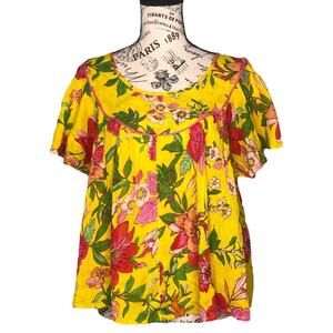 Band of the Free SMALL Short Sleeve Raised Trim Floral Billowy Hem Blouse Top